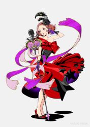 1girl alternate_costume bare_shoulders black_corset black_flower black_rose bow breasts brown_hair corset dress flower fluffy_hair full_body gloves hair_flower hair_ornament heart high_heels microphone official_art okumura_haru open_mouth persona persona_5 purple_eyes purple_gloves red_bow red_dress red_shoes rose shoes short_hair simple_background soejima_shigenori solo standing star_(symbol) third-party_source white_background