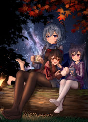 3girls :d absurdres aged_down ahoge alternate_costume autumn_leaves barefoot black_hair black_pantyhose blue_hair blurry boo_tao_(genshin_impact) cameo casual character_doll commentary_request cone_hair_bun contemporary cup depth_of_field double_bun ganyu_(genshin_impact) genshin_impact grass hair_between_eyes hair_bun hand_puppet highres holding holding_cup horns hu_tao_(genshin_impact) keqing_(genshin_impact) leaf log long_hair long_sleeves looking_at_another lying lying_on_lap maple_leaf mug multiple_girls night night_sky no_shoes on_stomach open_mouth pantyhose puppet purple_eyes purple_hair red_eyes sidelocks sitting_on_log sky skym_(kumei) smile soles star_(sky) starry_sky symbol-shaped_pupils toes twintails white_pantyhose