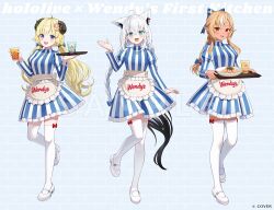 Rule 34 | ahoge, animal ear fluff, animal ear piercing, animal ears, apron, aqua eyes, bakatare (hololive), blonde hair, blue dress, braid, commentary request, copyright notice, double-parted bangs, dress, elf, fox ears, fox girl, fox tail, frilled dress, frills, full body, hair between eyes, holding, holding tray, hololive, horns, juliet sleeves, long hair, long sleeves, looking at viewer, low twin braids, low twintails, mary janes, momoshiki tsubaki, multiple girls, official alternate costume, official alternate hairstyle, official art, open mouth, pentagram, pointy ears, puffy sleeves, purple eyes, sheep ears, sheep girl, sheep horns, shirakami fubuki, shiranui flare, shoes, short dress, side braid, standing, striped clothes, striped dress, tail, thighhighs, tray, tsunomaki watame, twin braids, twintails, two-tone dress, vertical-striped clothes, vertical-striped dress, very long hair, virtual youtuber, waist apron, wendy&#039;s, white dress, white hair, white shoes, white thighhighs