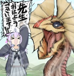 &gt;_&lt; 1girl absurdres ahoge blank_eyes blue_archive blue_hair crossover dragon hair_between_eyes hair_ornament halo highres jacket loud monster monster_hunter_(series) multicolored_hair nubebenbe open_clothes open_jacket open_mouth outdoors pink_hair pink_halo reisa_(blue_archive) sailor_collar school_uniform shockwave shouting skirt speech_bubble star_(symbol) star_hair_ornament star_halo waving wyvern yian_kut-ku