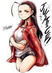 Rule 34 | 1girl, ahoge, artist name, ass, black hair, blush, body blush, brown eyes, capcom, crossed arms, curvy, forehead, gym uniform, hairband, highres, ichigain, iinchou (justice gakuen), jacket, jacket on shoulders, justice gakuen, long hair, shiny skin, smile, thighs, track jacket