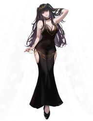 1girl alternate_costume black_dress black_hair blunt_bangs breasts chain covered_navel dress evening_gown fire_emblem fire_emblem_awakening gold_chain halter_dress halterneck high_heels highres hip_vent jewelry long_hair looking_at_viewer medium_breasts meme meme_attire modakawa_dress nintendo red_nails solo tharja_(fire_emblem) thighs tiara tori_art07 two_side_up wide_hips
