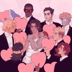 adam_warlock avengers_(series) black_widow blonde_hair blue_eyes blush brown_hair bucky_barnes captain_america_(series) clint_barton colored_skin crossdressing dark_skin dress duckiegrumpy guardians_of_the_galaxy hawkeye_(marvel) highres jeff_(marvel) loki_(marvel) male_focus marvel marvel_cinematic_universe marvel_rivals mask mechanical_arms multiple_boys natasha_romanoff open_mouth peter_quill prosthesis prosthetic_arm sam_wilson shark short_hair single_mechanical_arm star-lord the_punisher_(character) winter_soldier yaoi