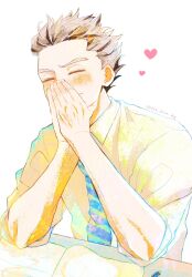 1boy black_hair blush bokuto_koutarou closed_mouth diagonal-striped_clothes diagonal-striped_necktie elbow_rest fingernails haikyuu!! hand_on_own_face heart highres ilst_prac_hq long_sleeves male_focus multicolored_hair necktie short_hair simple_background sleeves_rolled_up solo striped_clothes white_background white_hair
