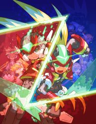 4girls 5boys absurdres aile_(mega_man_zx) android armor ashe_(mega_man) biometal black_eyes blonde_hair blue_eyes ciel_(mega_man) closed_mouth commentary_request cyber_elf_x_(mega_man) dr._weil_(mega_man) energy_blade energy_sword girouette_(mega_man) green_eyes grey_(mega_man) helmet highres holding holding_weapon logo long_hair mega_man_(series) mega_man_zero_(series) mega_man_zx mega_man_zx_advent model_z_(mega_man) model_zx_(mega_man) multiple_boys multiple_girls nakayama_tooru official_art old old_man open_mouth power_armor prairie_(mega_man) red_helmet science_fiction second-party_source serious serpent_(mega_man) sword title vent_(mega_man) weapon x_(mega_man) z_saber zero(z)_(mega_man) zero_(mega_man)