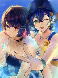 Rule 34 | 2girls, absurdres, belle (summer skies) (zenless zone zero), belle (zenless zone zero), bikini, black hair, black hat, black nails, black one-piece swimsuit, blue eyes, blue hair, blue sky, breasts, closed mouth, ellen joe, hair ornament, hat, highres, htbjca3l, large breasts, letter hair ornament, mole, mole under eye, multicolored hair, multiple girls, nail polish, one-piece swimsuit, open mouth, orange bikini, orange shirt, orange shorts, red eyes, red hair, see-through clothes, see-through shirt, shirt, shorts, sky, smile, streaked hair, swimsuit, v, water, x hair ornament, zenless zone zero