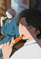 2boys ashinobu_panda bags_under_eyes black_hair blue_eyes blue_kimono eating food gegege_no_kitarou grey_hair hair_over_one_eye highres japanese_clothes kimono kitarou_tanjou:_gegege_no_nazo looking_back male_focus medama_oyaji_(human) mizuki_(gegege_no_kitarou) multiple_boys open_mouth popsicle scar scar_across_eye scar_on_face short_hair sideburns sidelighting