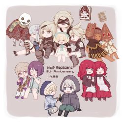 bandaged_arm bandages blonde_hair blue_eyes brother_and_sister brown_hair chibi commentary_request devola dual_persona emil_(nier) father_and_daughter fuji_(shugoi) fyra grimoire_noir grimoire_weiss halua hood kaine_(nier) lingerie lunar_tear mask mask_on_head masked_king multiple_boys multiple_girls negligee nier nier_(brother) nier_(brother)_(post_timeskip) nier_(father) nier_(series) popola purple_eyes purple_hair red_hair scarf siblings silver_hair twins underwear yonah
