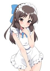 1girl absurdres apron bad_tag bare_arms bare_shoulders blue_bow blue_ribbon blush bow brown_eyes brown_hair child cowboy_shot frilled_apron frills hair_bow highres idolmaster idolmaster_cinderella_girls loli looking_at_viewer maid_apron maid_headdress neck_ribbon parted_lips ribbon simple_background solo tachibana_arisu white_apron white_background zaza_(zahaoming)