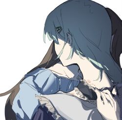 2girls bang_dream! bang_dream!_it&#039;s_mygo!!!!! bite_mark bite_mark_on_neck black_choker black_dress blue_shirt brown_hair chinese_commentary choker choker_pull commentary_request dress e-fa-dorn frilled_choker frills green_hair hair_ornament hairclip hickey highres long_hair multiple_girls nagasaki_soyo shirt simple_background wakaba_mutsumi white_background yuri