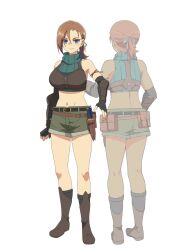 2girls anime_coloring arm_armor armor back bare_shoulders belt belt_pouch black_belt black_gloves black_socks blue_eyes boots brown_boots brown_hair closed_mouth elbow_gloves fingerless_gloves full_body gloves green_shorts green_sweater hair_ribbon highres holding holding_knife holding_weapon isouchi_yuusuke knife leather leather_armor looking_at_viewer multiple_girls multiple_views nageki_no_bourei_wa_intaishitai navel official_art ponytail pouch rhuda_runebeck ribbon short_hair short_ponytail shorts simple_background smile socks standing sweater thighs transparent_background turtleneck turtleneck_sweater weapon white_ribbon