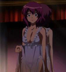 Rule 34 | 1girl, anime screenshot, breasts, cleavage, henrietta de tristain, highres, large breasts, nightgown, purple hair, see-through clothes, short hair, stitched, third-party edit, underwear, zero no tsukaima