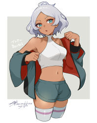 1girl aizaki_b aqua_eyes bare_shoulders commentary_request cropped_legs dark-skinned_female dark_skin dated eyelashes grey_hair gundam gundam_suisei_no_majo highres jacket midriff navel off_shoulder open_clothes open_jacket secelia_dote shirt short_hair shorts signature simple_background sleeveless sleeveless_shirt solo thighhighs white_shirt white_thighhighs zettai_ryouiki