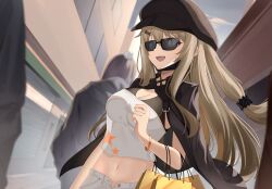 1girl 2others absurdres bag black_hat black_jacket breasts brown_hair cleavage crop_top girls&#039;_frontline girls&#039;_frontline_2:_exilium gradient_hair hair_ornament hairclip hat highres jacket jacket_on_shoulders k2_(girls&#039;_frontline) kei_myoho long_hair long_sleeves looking_at_viewer mask mask_pull medium_breasts midriff mouth_mask multicolored_hair multiple_others navel newsboy_cap open_fly open_mouth outdoors see-through_silhouette shirt shopping_bag sleeveless sleeveless_shirt smile solo_focus stomach sunglasses upper_body very_long_hair white_shirt yoohee_(girls&#039;_frontline_2)