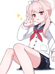 1girl absurdres ahoge bare_legs black_shorts blue_archive blue_sailor_collar blue_skirt breasts bright_pupils cardigan commentary_request feet_out_of_frame hair_flaps halo hand_up highres knees_together_feet_apart knees_up long_hair looking_at_viewer microskirt momoenoekaki natsu_(blue_archive) neckerchief pink_hair pink_halo pleated_skirt pocket red_eyes red_neckerchief sailor_collar shadow short_shorts shorts side_ponytail sidelocks sitting skirt small_breasts solo v white_background white_cardigan white_pupils