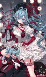 1girl aqua_hair blue_eyes blue_hair boky_baogan breasts cat character_doll doll dress drill_hair elbow_gloves english_text flower gloves highres long_hair looking_at_viewer microphone original puffy_short_sleeves puffy_sleeves red_gloves ribbon rose short_sleeves solo white_dress white_flower white_rose