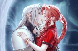 1boy 1girl aerith_gainsborough aqua_eyes armor black_jacket blurry blurry_background braid braided_ponytail brown_hair closed_eyes couple dated final_fantasy final_fantasy_vii final_fantasy_vii_remake french_kiss grey_hair hair_behind_ear hair_ribbon hand_on_another&#039;s_back hand_on_another&#039;s_shoulder hetero jacket kay-i kiss long_bangs long_hair looking_at_another outdoors parted_bangs pink_ribbon red_jacket ribbon sephiroth short_sleeves shoulder_armor sidelocks square_enix straight_hair tree twitter_username upper_body wavy_hair
