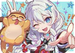 ! !! 1girl ;o ahoge black_jacket blue_background blue_eyes border braid commentary_request hair_ornament honkai:_nexus_anima honkai_(series) jacket jewelry kiana_kaslana long_hair necklace one_eye_closed papipiko star_(symbol) star_hair_ornament twin_braids upper_body w white_border white_hair