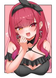 1girl :d absurdres bare_shoulders black_collar blush breasts cleavage cleavage_cutout clothing_cutout collar earrings fang hair_between_eyes heart heart_earrings heterochromia highres hololive houshou_marine jewelry large_breasts open_mouth red_eyes smile solo upper_body yellow_eyes zakitaku8311