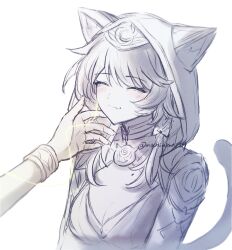 2girls ^_^ aglaea_(honkai:_star_rail) animal_ears blush bracelet breasts cat_ears cat_tail cipher_(honkai:_star_rail) cleavage closed_eyes commentary fang fang_out highres honkai:_star_rail honkai_(series) jewelry limited_palette medium_hair mochiumai29 mole mole_on_chest multiple_girls simple_background small_breasts smile solo_focus spot_color tail upper_body white_background