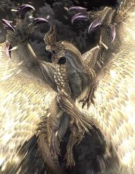absurdres chin_spike claws colored_sclera dragon dragon_horns dragon_tail dragon_wings extra_arms glowing gold_scales highres horns monster monster_focus monster_hunter_(series) no_humans nutuki open_mouth purple_claws purple_sclera scales shagaru_magala tail wings