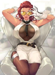 1girl absurdres adjusting_eyewear belt between_breasts black_necktie breasts chair crimson_viper gloves highres huge_breasts loose_belt miniskirt necktie necktie_between_breasts on_chair pantyhose red_hair see-through_cleavage see-through_clothes seed01010 side_slit sitting skirt sleeveless solo street_fighter street_fighter_6 sunglasses tinted_eyewear white_gloves wrist_cuffs yellow-tinted_eyewear