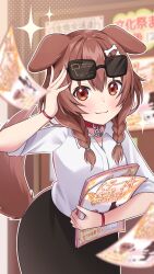 1girl :3 animal_collar animal_ears black_skirt blurry blurry_background blush bone_hair_ornament braid breasts brown_eyes brown_hair cartoon_bone collar collared_shirt commentary_request cowboy_shot dog_ears dog_girl dog_tail eyewear_on_head hair_between_eyes hair_ornament hairclip highres holding hololive inugami_korone long_hair long_skirt long_sleeves looking_at_viewer low_twin_braids nail_polish ohu_(kagemaru) one_eye_closed outline pamphlet pencil_skirt red_collar shirt skirt sleeves_rolled_up smile solo sparkle sunglasses tail twin_braids virtual_youtuber white_outline white_shirt wristband