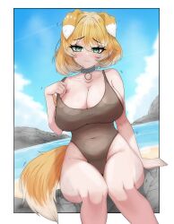 1girl absurdres adjusting_clothes adjusting_swimsuit animal_ears arm_support armpit_crease bare_shoulders beach belt_collar blonde_hair blue_collar blue_sky blush bonnie_barkswell border breasts cleavage closed_mouth cloud collar collarbone commentary covered_navel day dog_ears dog_girl dog_tail english_commentary globie green_eyes grey_one-piece_swimsuit groin hair_between_eyes hand_up highleg highleg_one-piece_swimsuit highres knees large_breasts looking_at_viewer mayoa ocean one-piece_swimsuit outdoors outside_border raised_inner_eyebrows sand short_hair sitting sky solo swept_bangs swimsuit tail trembling virtual_youtuber water white_border
