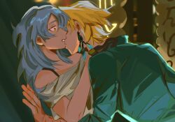 1boy 1girl aventurine_(honkai:_star_rail) black_gloves blonde_hair blue_hair collared_shirt earrings gloves green_shirt hair_between_eyes hand_on_another&#039;s_shoulder hetero highres honkai:_star_rail honkai_(series) jewelry long_sleeves parted_lips shirt springbloombrew stelle_(honkai:_star_rail) trailblazer_(honkai:_star_rail) upper_body white_shirt