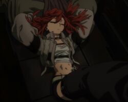 Rule 34 | 1girl, absurdres, anime screenshot, arms behind head, belt, black choker, black shorts, black thighhighs, choker, closed eyes, closed mouth, cropped jacket, female focus, gachiakuta, highres, leg up, long sleeves, lying, midriff, navel, on back, red eyes, riyo reaper, shirt, short hair, short shorts, shorts, solo, stitched, thighhighs, third-party edit, white belt, white shirt