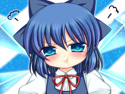 1girl :t blue_eyes blue_hair blush bow cirno dress fairy female_focus gradient_background hair_bow ice kanai_amachi matching_hair/eyes pout short_hair solo touhou upper_body white_background wings