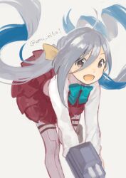 Rule 34 | 1girl, :d, asymmetrical sidelocks, blue bow, blue bowtie, bow, bowtie, brown eyes, commentary request, dress, feet out of frame, floating hair, grey hair, grey pantyhose, hair between eyes, hair bow, highres, holding, holding turret, kantai collection, karamomo, kiyoshimo (kancolle), leaning forward, long hair, long sleeves, looking at viewer, low twintails, one-hour drawing challenge, open mouth, pantyhose, parted bangs, pleated dress, red dress, shirt, sidelocks, simple background, sleeveless, sleeveless dress, smile, solo, standing, standing on one leg, swept bangs, thigh strap, turret, twintails, twitter username, very long hair, white background, white shirt, yellow bow