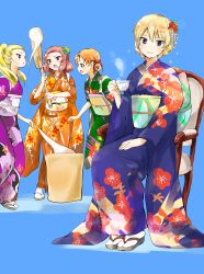 10s 4girls absurdres alternate_hairstyle assam_(girls_und_panzer) bad_id bad_pixiv_id blonde_hair blue_background blue_eyes braid chair cup darjeeling_(girls_und_panzer) floral_print flower food girls_und_panzer hair_flower hair_ornament hair_ribbon hammer highres holding japanese_clothes kimono kine long_hair looking_at_viewer mallet mochi mochitsuki multiple_girls open_mouth orange_pekoe_(girls_und_panzer) ponytail red_eyes red_hair ribbon rosehip_(girls_und_panzer) sandals short_hair sitting sketch standing sushimako tabi teacup wagashi white_legwear