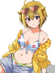 1girl ahoge bikini bikini_under_shorts blonde_hair blush breasts cleavage closed_mouth clothes_down collarbone denim denim_shorts dot_nose eyewear_on_head front-tie_bikini_top front-tie_top hair_between_eyes hair_flaps halterneck heart heart-shaped_eyewear highres ibuki_tsubasa idolmaster idolmaster_million_live! idolmaster_million_live!_theater_days jacket large_breasts long_sleeves looking_at_viewer matcha_kingyo navel open_clothes open_fly open_jacket print_bikini red_eyes shadow short_hair shorts simple_background smile solo sunglasses swimsuit white_background white_bikini yellow_jacket