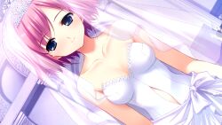 1girl averting_eyes bare_shoulders blue_eyes breasts bridal_veil bride church closed_mouth clothing_cutout collarbone dress fumio_(ura_fmo) game_cg grisaia_(series) grisaia_no_meikyuu indoors komine_sachi looking_to_the_side medium_breasts non-web_source pink_hair short_hair smile solo stomach_cutout strapless strapless_dress tiara veil wedding_dress white_dress white_veil