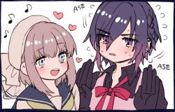 2girls amane_(7783) black_hair black_sailor_collar black_shirt blue_eyes blush brown_hair commentary_request ear_piercing earclip hair_between_eyes hands_up hat multiple_girls musical_note neck_ribbon open_mouth original piercing purple_eyes red_ribbon ribbon sailor_collar shirt short_hair white_hat