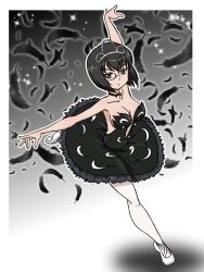 1girl arms_up athletic_leotard ballet ballet_dress ballet_slippers bare_shoulders bird black_background black_choker black_feathers black_hair breasts choker cleavage cleavage_cutout clothing_cutout feather_skirt feathers girls_und_panzer glasses gradient_background kawashima_momo leotard monocle official_alternate_costume pantyhose rectangular_eyewear short_hair silver_tiara standing standing_on_one_leg star_(sky) swan swan_lake takahashi_kurage white_pantyhose