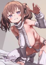 1girl alice_gear_aegis artist_name breasts brown_hair commentary_request detached_sleeves garter_straps highres kimikage_yui large_breasts looking_at_viewer meme_attire paid_reward_available panties parted_lips puddinghomhom purple_eyes ribbed_sleeves ribbed_sweater ribbed_thighhighs side-tie_panties signature sleeves_past_wrists smile solo sweater thighhighs twintails underwear virgin_destroyer_sweater white_panties white_sleeves white_sweater white_thighhighs