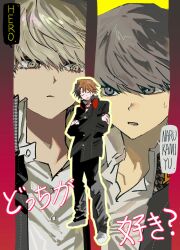 2boys black_jacket black_pants blonde_hair closed_eyes closed_mouth crossed_arms full_body goguma_wagamja grey_eyes grey_hair hanamura_yousuke headphones headphones_around_neck highres houndstooth jacket male_focus multiple_boys narukami_yu open_mouth orange_hair outline pants persona persona_4 school_uniform shoes short_hair speech_bubble standing sweat talking white_shoes yasogami_school_uniform yellow_outline