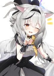 Rule 34 | 1girl, alternate costume, animal ear fluff, animal ears, black hairband, black hat, black skirt, blue archive, blush, brown eyes, cosplay, frilled shirt, frills, grey hair, grey shirt, hairband, hat, hat feather, highres, kokona (blue archive), low twintails, lryutanl, mari (blue archive), mari (blue archive) (cosplay), mari (idol) (blue archive), official alternate costume, one eye closed, open mouth, ribbon, shirt, skirt, solo, twintails, wrist cuffs, yellow ribbon