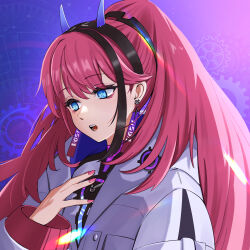 1girl black_hair blue_eyes blue_horns bright_pupils clock earrings fake_horns gears gradient_background hair_between_eyes hairband hand_on_own_chest hand_up highres horn_hairband horns itsumeee3 jacket jewelry long_hair long_sleeves meda_(rk_music) multicolored_hair open_mouth pink_hair pink_nails rk_music solo streaked_hair two-tone_hair upper_body virtual_youtuber white_jacket white_pupils
