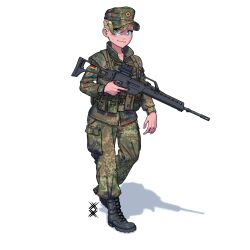 1girl ammunition ammunition_belt assault_rifle blonde_hair boots bundeswehr camouflage cyan_eyes g36 german_flag gun hair_over_one_eye hat hero_of_groznyi highres military military_hat military_uniform original ostwindprojekt popped_collar rifle shadow simple_background tomboy trigger_discipline weapon