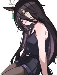 Rule 34 | 1girl, absurdres, ahoge, alternate costume, bare shoulders, belt, black belt, black choker, black hair, black pantyhose, black shorts, black tank top, choker, commentary request, earrings, fang, ghuler, hair between eyes, highres, horse girl, jewelry, long hair, looking at viewer, manhattan cafe (umamusume), multicolored hair, open mouth, pantyhose, pantyhose under shorts, shorts, simple background, single earring, sitting, solo, streaked hair, sweat, tank top, umamusume, very long hair, white background, white hair, yellow eyes