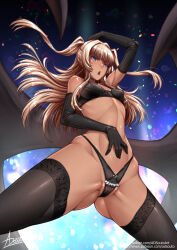 1girl :o adsouto arm_up ass blonde_hair blue_eyes bra breasts dark-skinned_female dark_skin demon_girl demon_wings elbow_gloves futaba_lili_ramses gloves gluteal_fold hand_on_own_stomach highres long_hair low_wings panties signature small_breasts solo taimanin_(series) taimanin_rpgx tentacle_and_witches thighhighs two_side_up underwear wings