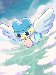 1119mna 1other absurdres angel angel_wings animal_ears blue_dress blurry blush_stickers bokeh chibi chibi_only cloud colored_skin commentary_request creature creature_focus depth_of_field dress flying grass halo head_wreath highres holding holding_creature mame-el maruten_(tamagotchi) other_focus outdoors rabbit_ears rainbow sky smile tamagotchi tamagotchi_(classic) tamagotchi_(creature) tamagotchi_uni traditional_halo wings yellow_skin