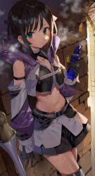 Rule 34 | 1girl, absurdres, against wall, alina clover, black footwear, black gloves, black hair, black ribbon, black shirt, blue eyes, blush, breasts, crop top, cropped jacket, detached sleeves, gaou (umaiyo puyoman), gloves, guild no uketsukejou desu ga zangyou wa iya nanode boss wo solo toubatsu shiyou to omoimasu, hair ribbon, highres, holding, looking at viewer, medium breasts, medium hair, navel, official art, open mouth, ribbon, second-party source, shirt, solo, steaming body, stomach, sweat