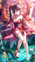 Rule 34 | 1girl, absurdres, architecture, arm support, bare shoulders, bell, black choker, black gloves, black sash, breasts, brown hair, choker, cleavage, closed mouth, collarbone, commentary request, criss-cross halter, detached sleeves, dress, east asian architecture, fox mask, gloves, halterneck, highres, honkai: star rail, honkai (series), koi, long hair, mark under both eyes, mask, mask on head, medium breasts, neck bell, o-ring, otabaaa, purple eyes, red dress, red sleeves, revision, sash, shoes, single glove, single shoe, sitting, smile, solo, sparkle (honkai: star rail), twintails, unworn shoes, water