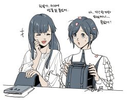 2girls :d backpack bag closed_eyes collared_shirt commentary_request cone_hair_bun frilled_shirt frilled_sleeves frills fukurai_azami hair_bun hand_up holding holding_bag ichigo_beeru korean_commentary long_hair long_sleeves multiple_girls open_mouth petal_on_head puffy_sleeves sato_mio shirt short_hair signature simple_background smile swept_bangs toshi_densetsu_kaitai_center translation_request upper_body white_background