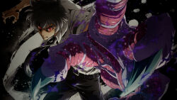 1boy anime_coloring belt black_hair black_necktie closed_mouth collared_shirt cowboy_shot fingernails glowing glowing_eyes hair_between_eyes highres jigoku_sensei_nube long_sleeves looking_at_viewer male_focus motion_lines necktie nueno_meisuke open_hand open_hands outstretched_arm palms reaching red_eyes shirt short_hair sleeves_rolled_up solo spread_fingers standing tsurime v-shaped_eyebrows white_shirt yoshiyama_yuu