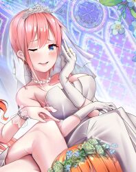 Rule 34 | 1girl, 5hibu05, bare shoulders, blue eyes, blush, breasts, bridal veil, bride, cleavage, collarbone, commentary, dress, gloves, go-toubun no hanayome, hand up, highres, jewelry, large breasts, looking at viewer, nakano ichika, necklace, official alternate costume, one eye closed, parted lips, pink hair, ring, short hair, sitting, solo focus, strapless, strapless dress, tearing up, veil, wedding dress, wedding ring, white dress, white gloves, wince